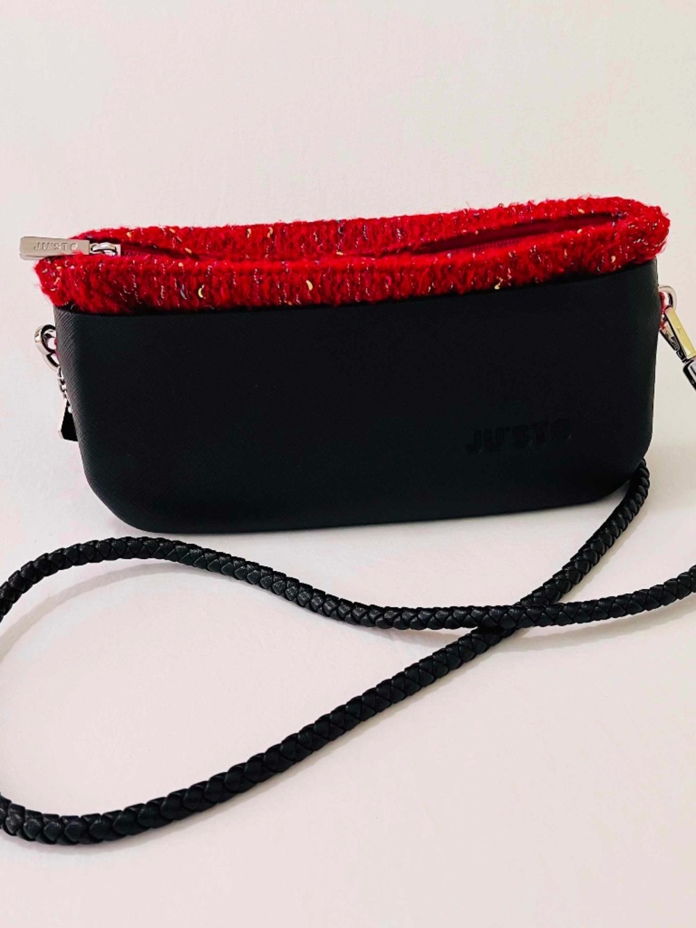 JU’STO Black Saffiano / Red Tweed Crossbody Clutch Bag
